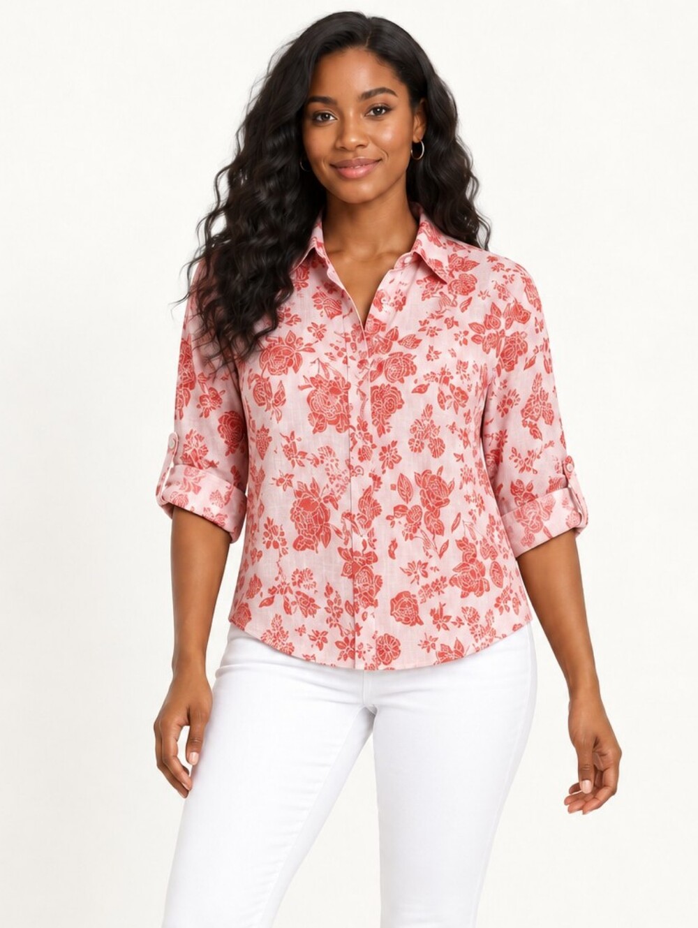 Zara Pink Red Floral Linen Button-Down